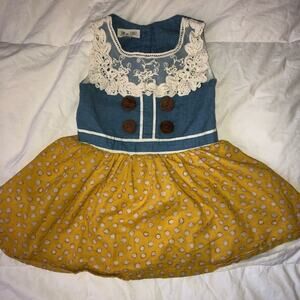 Jam on Toast Toddler Dress Denim Lace Wooden Buttons Size 2-3